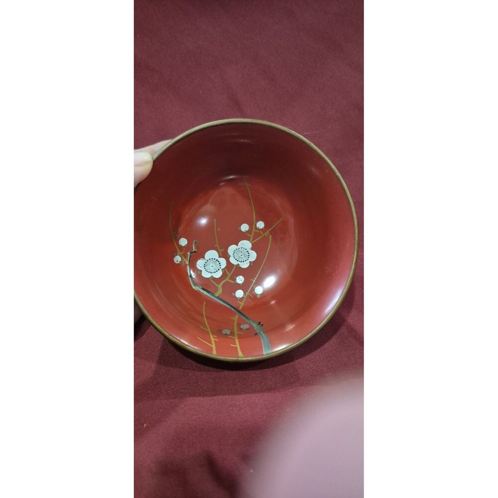 KARAVAN Occupied Japan Red Japanese  5" Lacquer Wave Bowl Plum Blossom 1945-1952